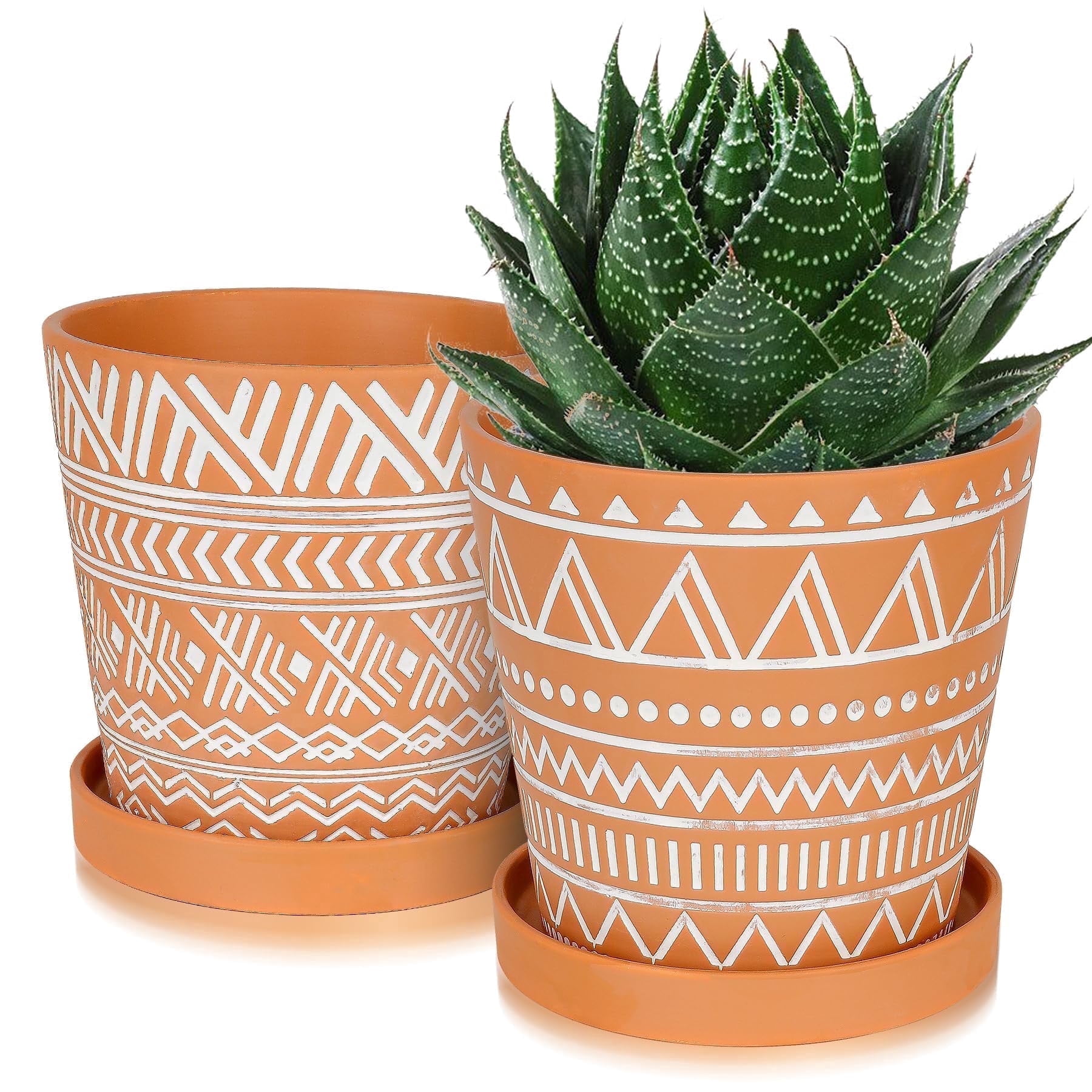 BUYMAX 6 inch Terracotta Pots with Drainage Hole & Saucer, Modern Geometric  Planter Set of 2 in Terracotta Red- Boho Indoor Outdoor Flower Pots