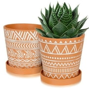 6 inch Planters for Indoor Plants,Ceramic Plant Pots with Drainage Holes and Saucers, Boho Plant Pots Modern Geometric Pattern Flower Pot, Set of 2 - Terracotta