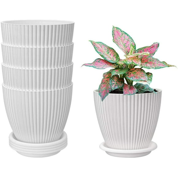 6 inch Plastic Planters with Saucers, Set of 5 Indoor Flower Plant Pots Modern Decorative Garden Pot with Drain Hole for All House Plants, Flowers, Herbs, African Violets, Aloe White