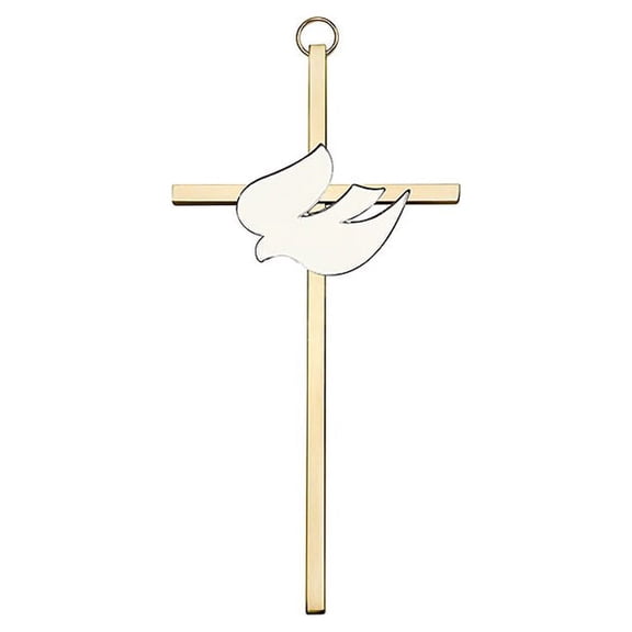 6 inch Polished Brass White Enamel Holy Spirit on a Polished Brass Cross