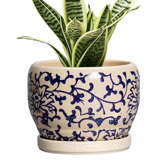 6 inch Pots for Plants, Round Ceramic Planter with Drainage, Modern Pot for Indoor & Outdoor Use, for Cheerful Patio Decor, Blue and Beige