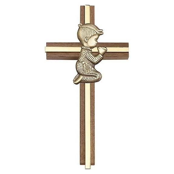 6 inch Praying Boy Cross, Walnut w/ Antique Gold inlay