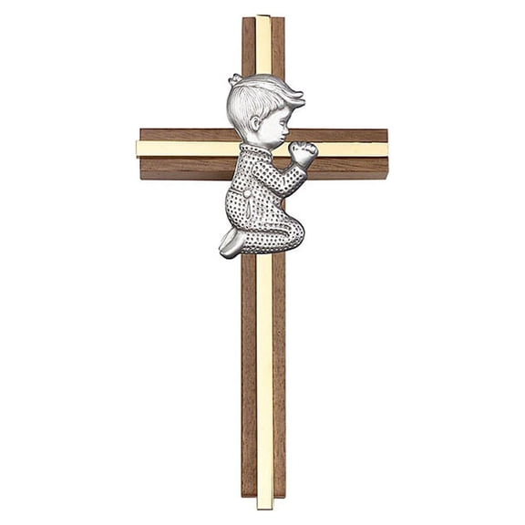 6 inch Praying Boy Cross, Walnut w/ Antique Silver inlay