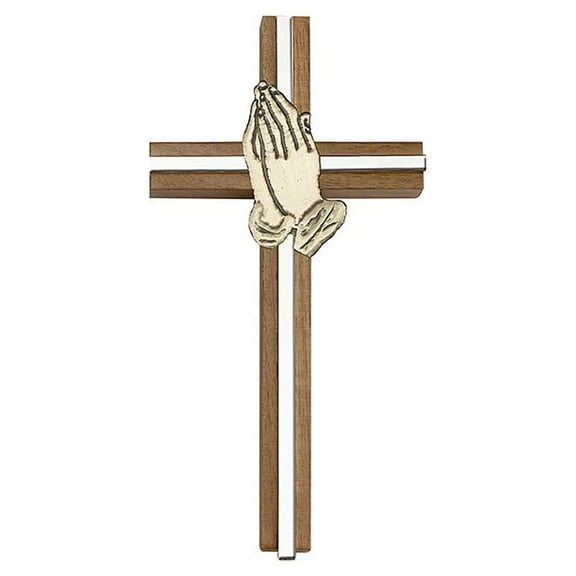 6 inch Praying Hands Cross, Walnut w/ Antique Gold inlay