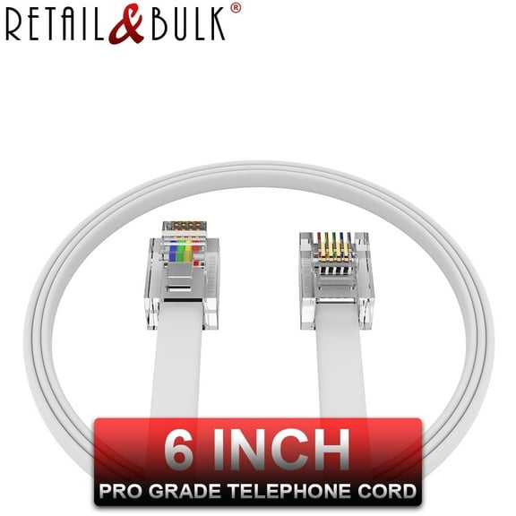 6 inch RJ11 Telephone Cord - Voice/Data Phone Cable, 4 Wire, 100% Copper (White 6in) Made in USA