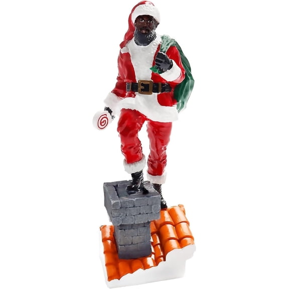 6 inch Resin African American Black Christmas Santa Figurine Climbing a Chimney with Lollipop and Gift Bag