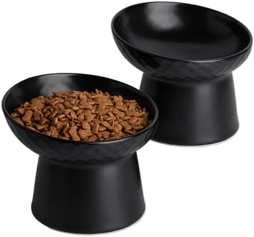 6 inch Small Ceramic Raised Cat Bowls, Tilted Elevated Food or Water Bowls, Stress Free, Backflow Prevention, Dishwasher and Microwave Safe, Lead & Cadmium Free(Black 6 inch-2pc)