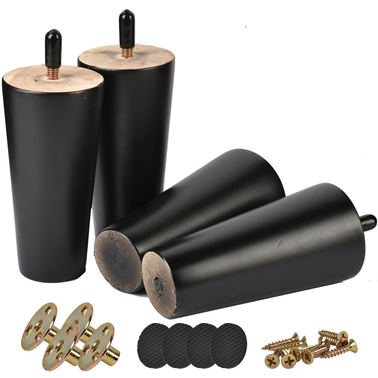 6 inch Solid Wood Furniture Legs, Btowin VCF 4Pcs Mid-Century Modern Black Wooden Replacement Feet with Threaded 5/16'' Hanger Bolts & Mounting Plate & Screws for Sofa Couch Armchair Cabinet TV Stand