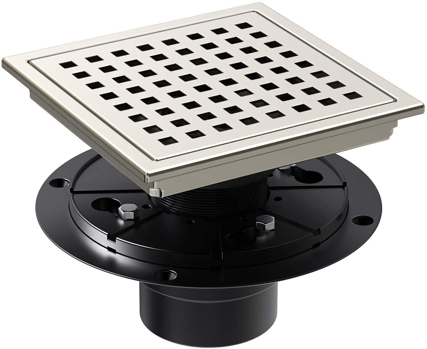 Bernkot 4-Inch Square Shower Drain - Matte Black 304 Stainless Steel With Tile-In Grate & Hair Strainer
