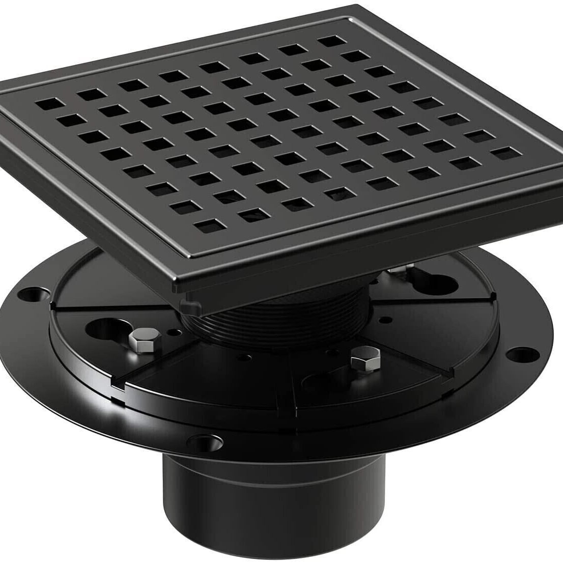 6 Gold Shower Trap With Flange, SUS304 Stainless Steel Square Floor Drain, Quadrato Pattern Removable Grate Height Adjustable Threaded Ring And