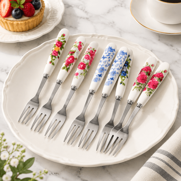 6-inch Stainless Steel Dessert Forks with Ceramic Handles for Pastry Fruit Salad Appetizers