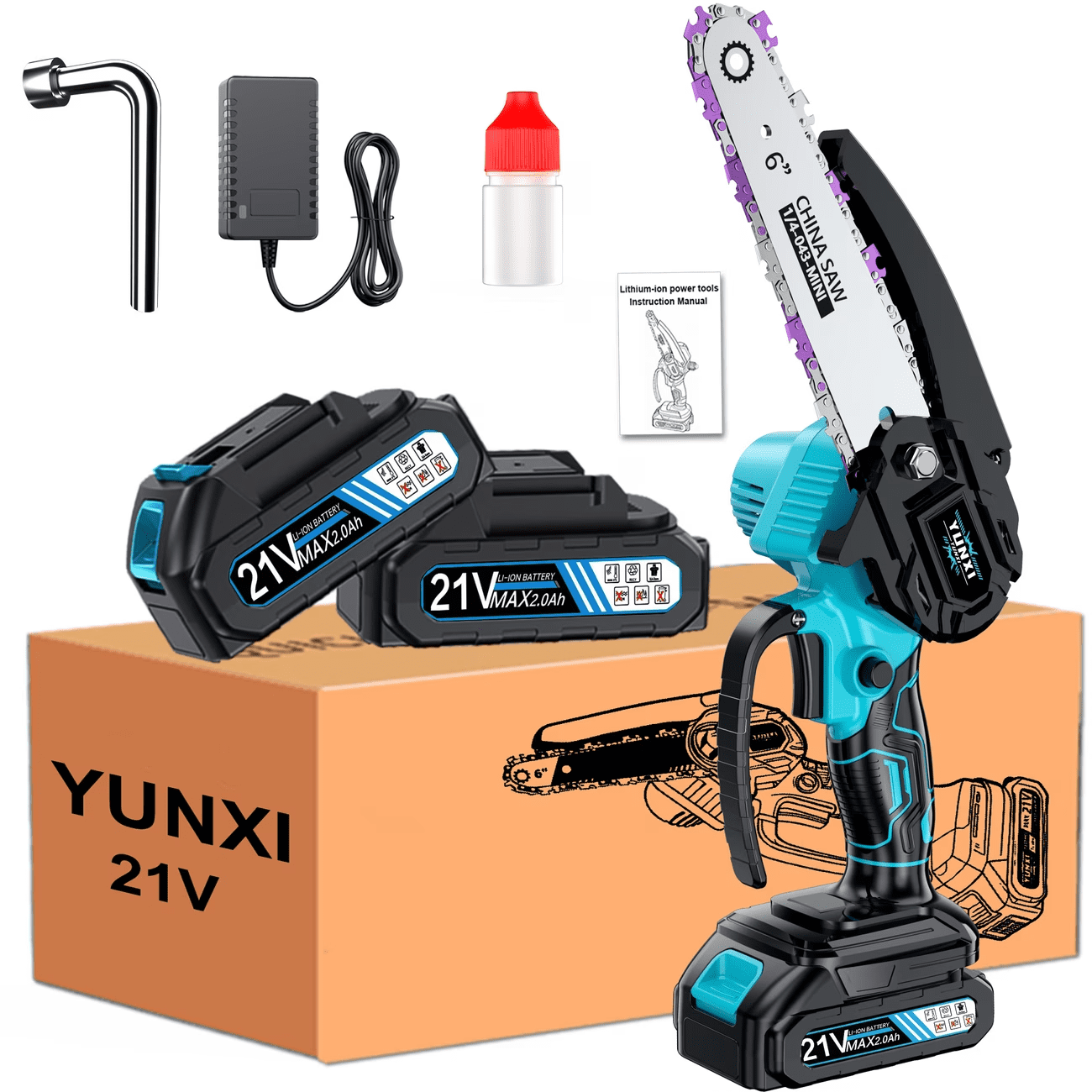 6-inch cordless mini chainsaw, equipped with a 2.0Ahh rechargeable lithium-ion battery - a compact electric handheld saw suitable for trimming branches and wood in yards and
