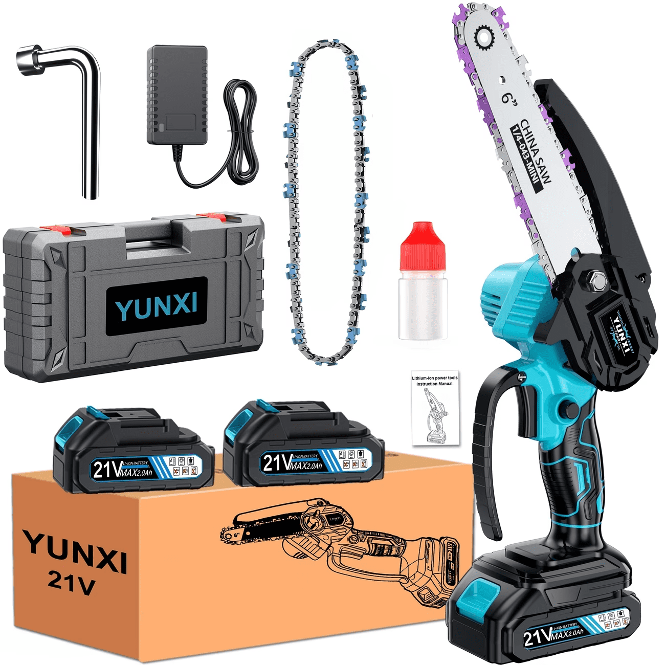 6-inch cordless mini chainsaw, equipped with a 2.0Ahh rechargeable lithium-ion battery - a compact electric handheld saw suitable for trimming branches and wood in yards