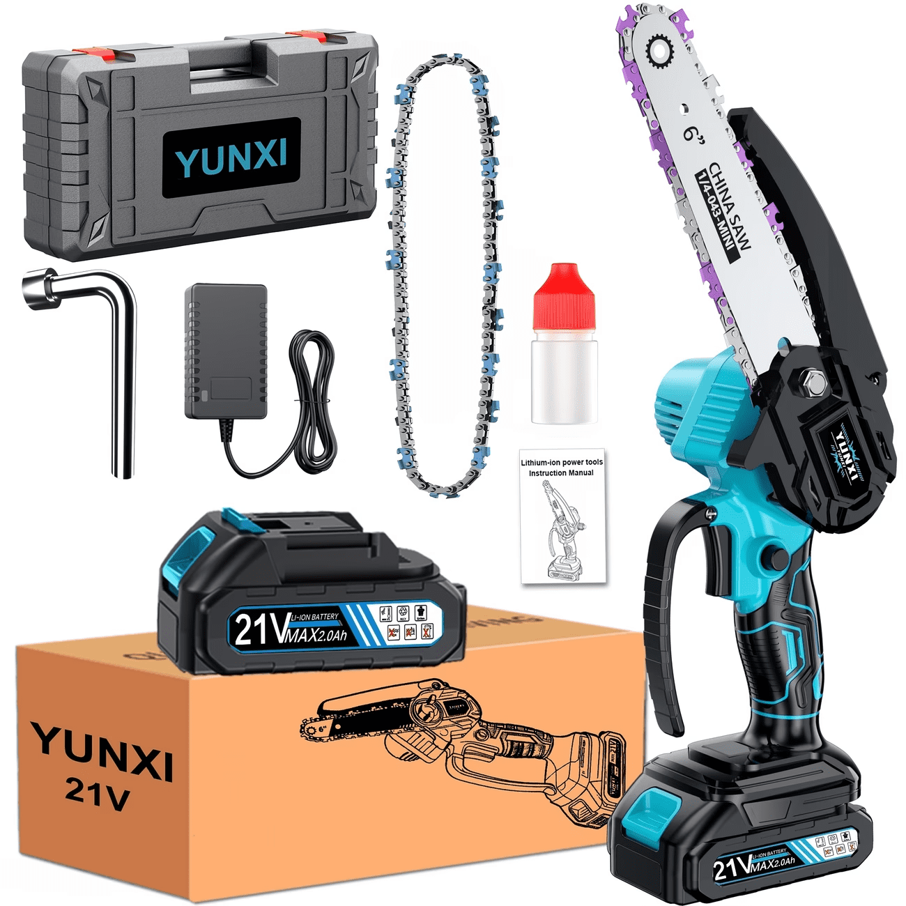 6-inch cordless mini chainsaw, equipped with a 2.0Ahh rechargeable lithium-ion battery - a compact electric handheld saw suitable for trimming branches and wood in yards and
