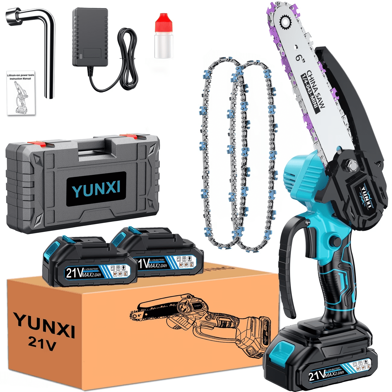 6-inch cordless mini chainsaw, equipped with a 2.0Ahh rechargeable lithium-ion battery - a compact electric handheld saw suitable for trimming branches and wood in