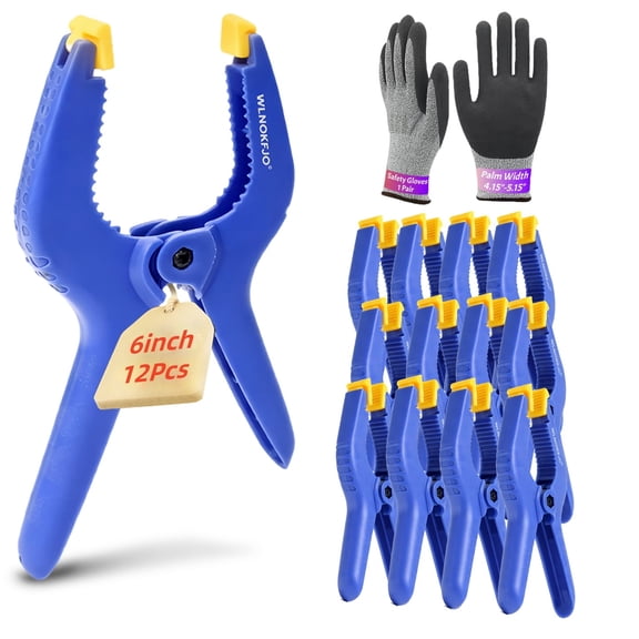 6 inches Spring Clamps Heavy Duty - 12 Pack Large Plastic Clamps& Safety Work Gloves for Woodworking, Crafts, Backdrop and Pool Cover with 3 Inches Mouth Opening And Serrated jaws