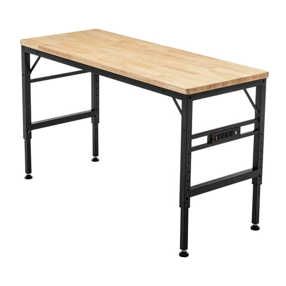 6-level Adjustable Workbench With 60" Solid Rubber Wood Top - 2000 Lbs Load Capacity For Garage And Workshop Use Non-slip Foot Pad For Office