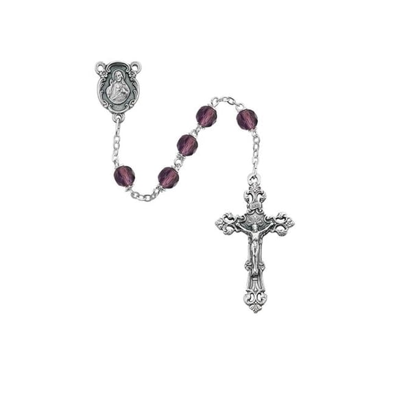 6 mm Glass February Cross Rosary Set - Dark Purple