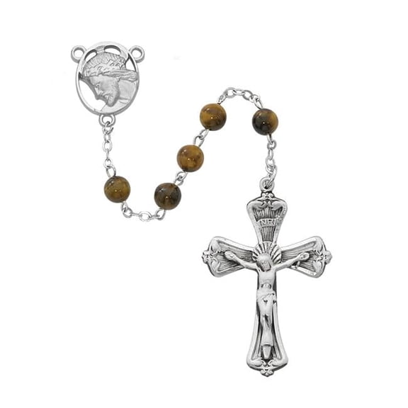 6 mm Tiger Eye Head of Christ Cross Rosary Set - Brown