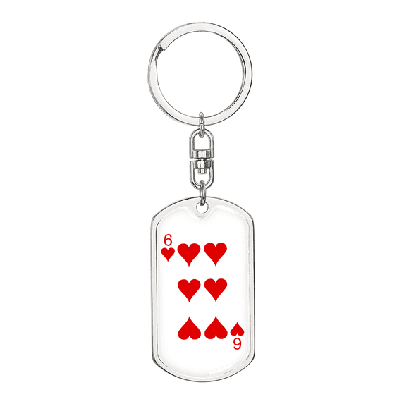 6 of Hearts Gambler Stainless Steel or 18k Gold Premium Swivel Dog Tag Keychain