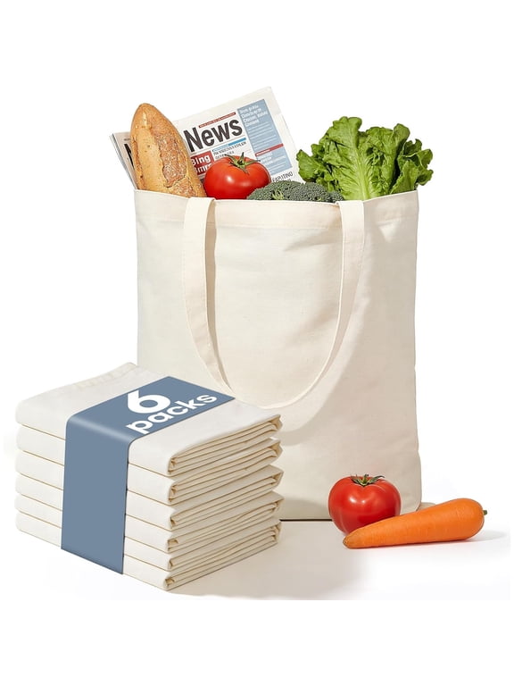 6 or 12 Pack Blank Reusable Tote Shopping Bags, Light Portable Plain Grocery Carry Bags for Daily Work & Gift Packaging, 15.7"13", Solid Beige