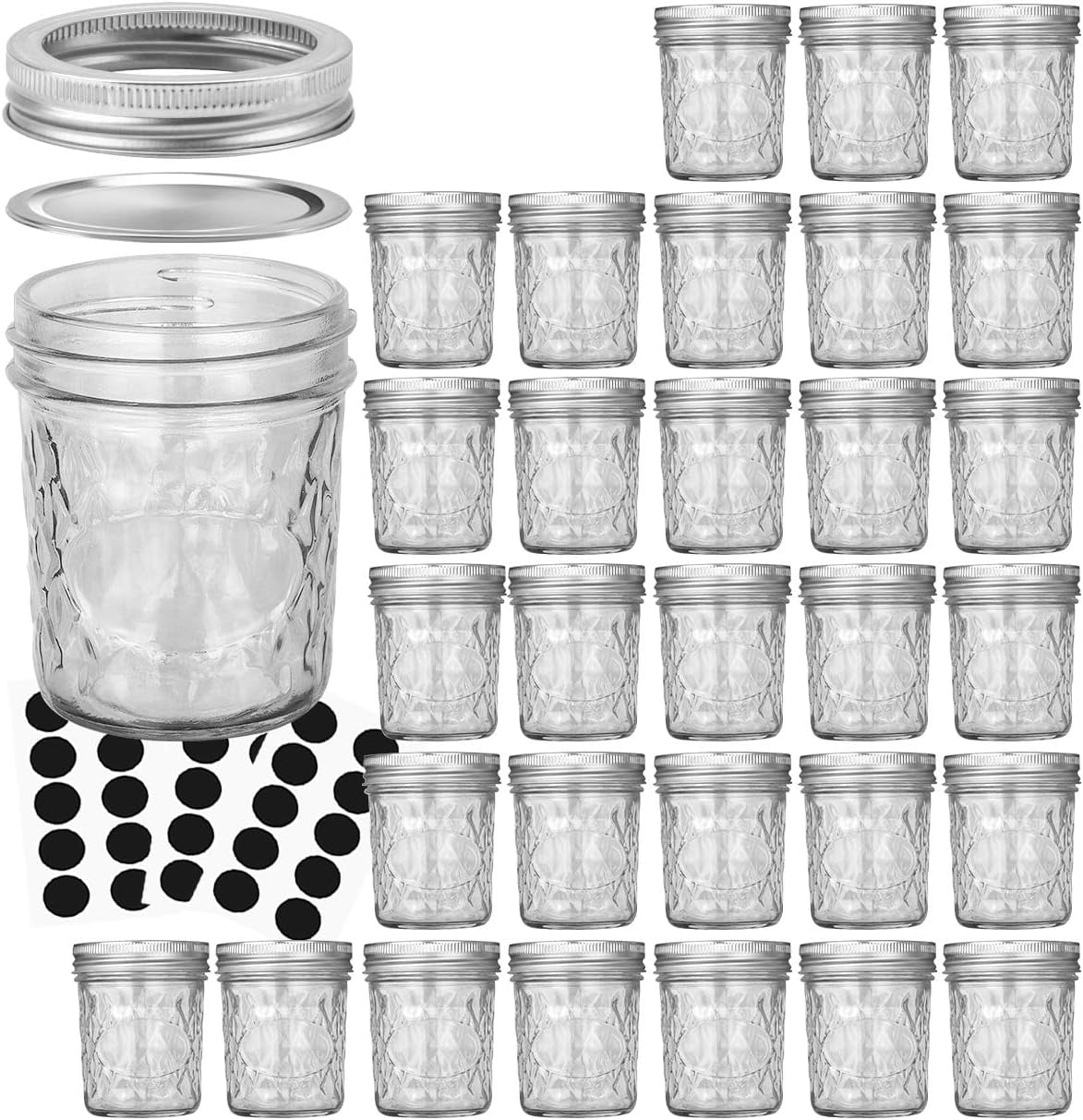 6-ounce Mason jars, 20 jars per pack, with lids, suitable for storing jams and honey, or as wedding favors or baby shower favors. 20 lids included.