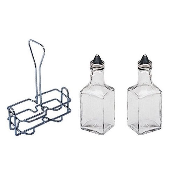 6 oz. (Ounce) Tabletop Oil and Vinegar Cruet Glass Bottle Bottles Cruets Dispenser w/Chrome Plated Caddy Holder, Two (2) Cruet Bottles