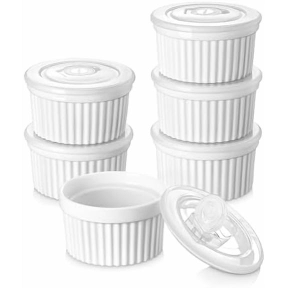 6 oz Ramekins with Lid, Porcelain Creme Brulee Souffle Dishes, White Pudding Custard Cups Ramiken for Baking, Dishwasher and Oven Safe, Set of 6