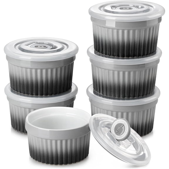 6 oz Ramekins with Lid, Porcelain Creme Brulee Souffle Dishes, White Pudding Custard Cups Ramiken for Baking, Dishwasher and Oven Safe, Set of 6