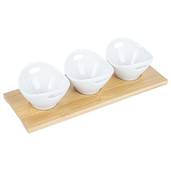 Chef 101 6 oz Rectangle White Porcelain Basket Bowl Set - 3 Bowls, Bamboo Tray - 11 3/4" x 4 1/4" x 2 1/2" - 1 count box