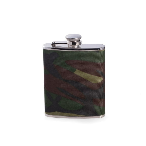 6 oz. Stainless Steel "Camouflage" Pattern Flask with Captive Cap and Durable Rubber Seal.