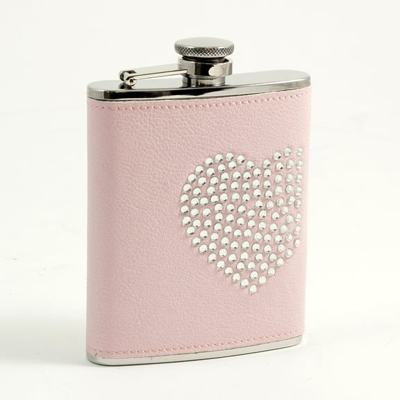 6 oz. Stainless Steel Pink Leatherette Flask with Reign Stone "Heart" Design, Captive Cap and Durable Rubber Seal.