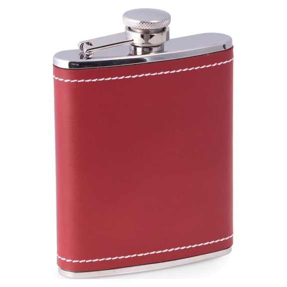 6 oz. Stainless Steel Red Leather & White Stitch Flask with Captive Cap and Durable Rubber Seal.