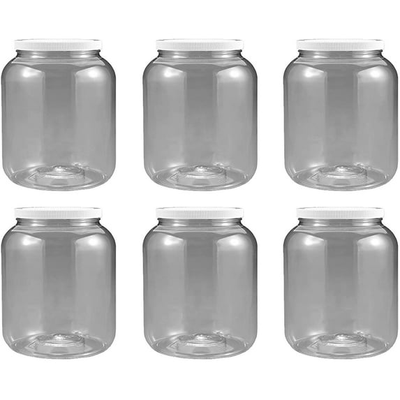 6 pack 1/2 Gallon 2 Quart Plastic Wide Mouth Jar with Pressurized Seal White screw on cap lid and Container Shatter-Proof BEST American BPA Free crystal clear PET 6