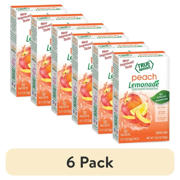 (6 pack) (10 Packets) True Lemon Peach Lemonade Stevia Sweetened, On-The-Go, Caffeine Free Powdered Drink Mix