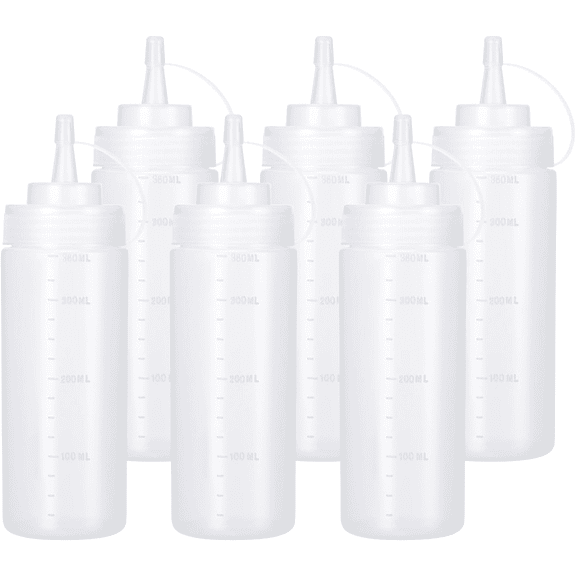 6 pack 12 Oz Wide Mouth Plastic Squeeze Condiment Bottles with Twist On Cap Lids and Discrete Measurements, Empty Squirt Bottle For Sauce, Ketchup, Paint