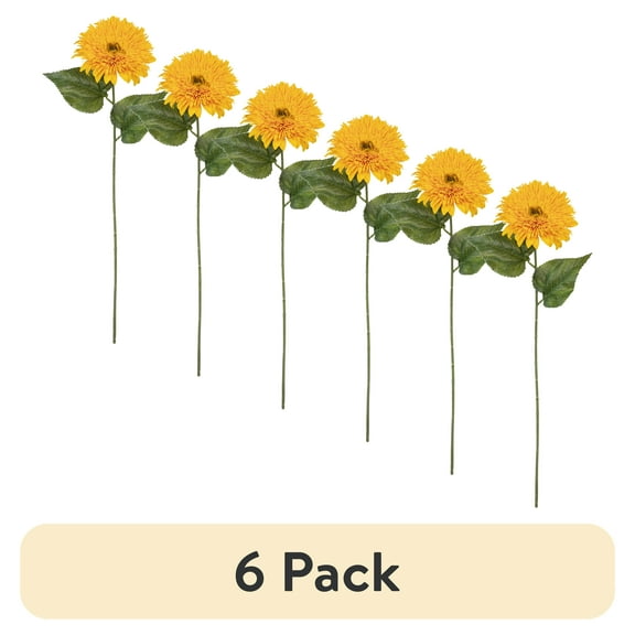 (6 pack) 27-inch Artificial Silk Yellow Single Teddy Bear Sunflower Long Stem, for Indoor Use, by Mainstays