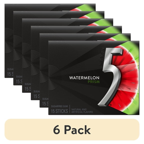 (6 pack) 5 Gum Watermelon Prism Sugar Free Chewing Gum - 15 Stick Pack