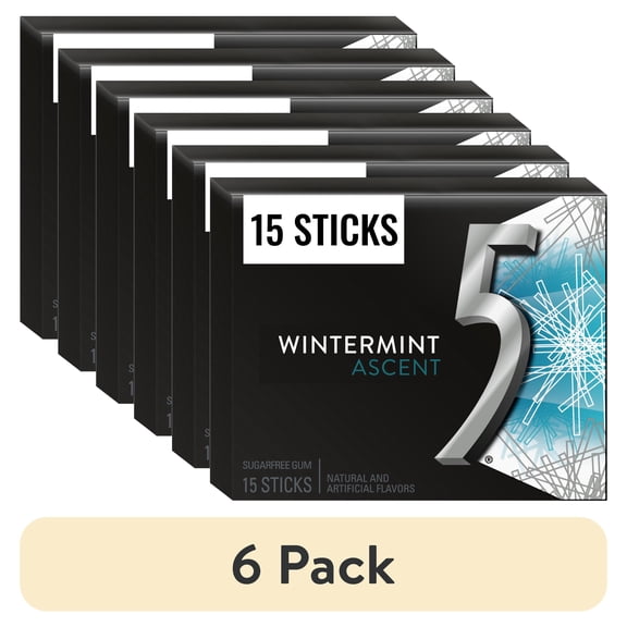 (6 pack) 5 Gum Wintermint Ascent Sugar Free Chewing Gum, Five Gum - 15 Sticks