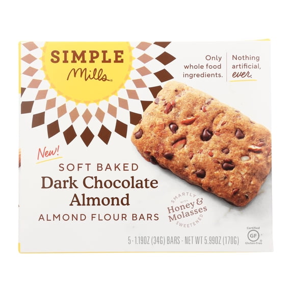 (6 pack) Simple Mills Soft Baked Almond Flour Bars, Dark Chocolate Almond, 5 Count