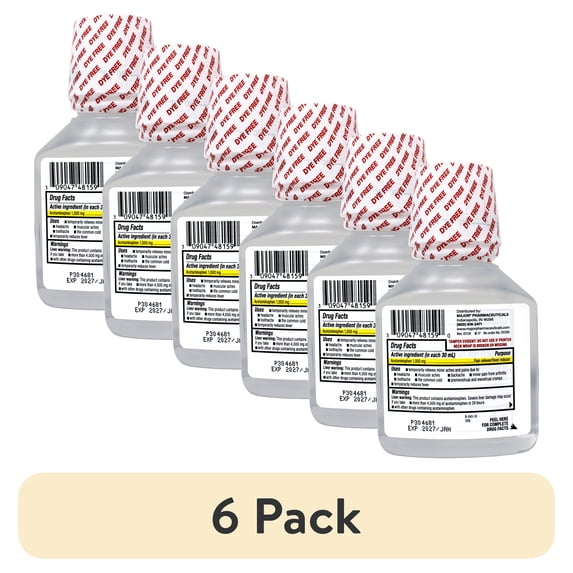 (6 pack) MAJOR Extra Strength Acetaminophen Liquid, 1000 mg per 30 mL, Pain Reliever/Fever Reducer, Cherry Flavored, Dye Free, 8 FL OZ
