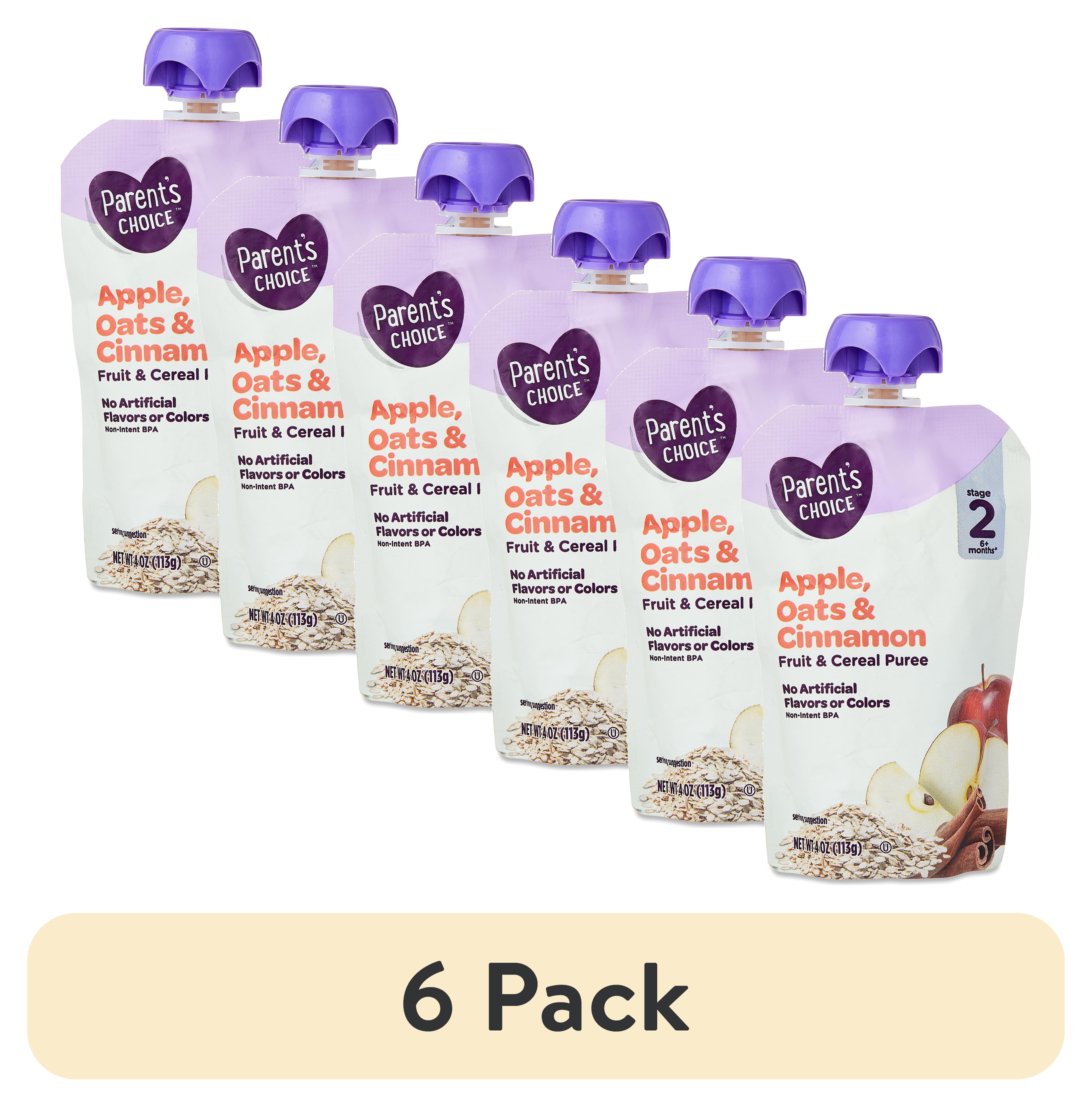 (6 pack) Parent's Choice Stage 2 Baby Food Apple, Cinnamon, and Oats Fruit and Cereal Puree, 4 oz Pouch