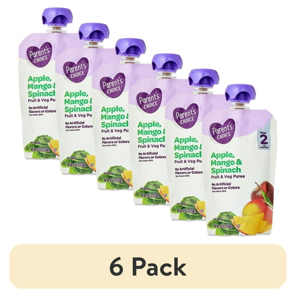 (6 pack) Parent's Choice Stage 2 Baby Food Apple, Mango, and Spinach Puree, 4 oz Pouch