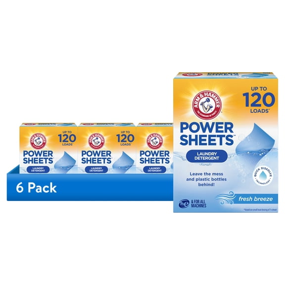 (6 pack) ARM & HAMMER Power Sheets Laundry Detergent, Fresh Breeze, 60 Count, Up to 120 Small Loads