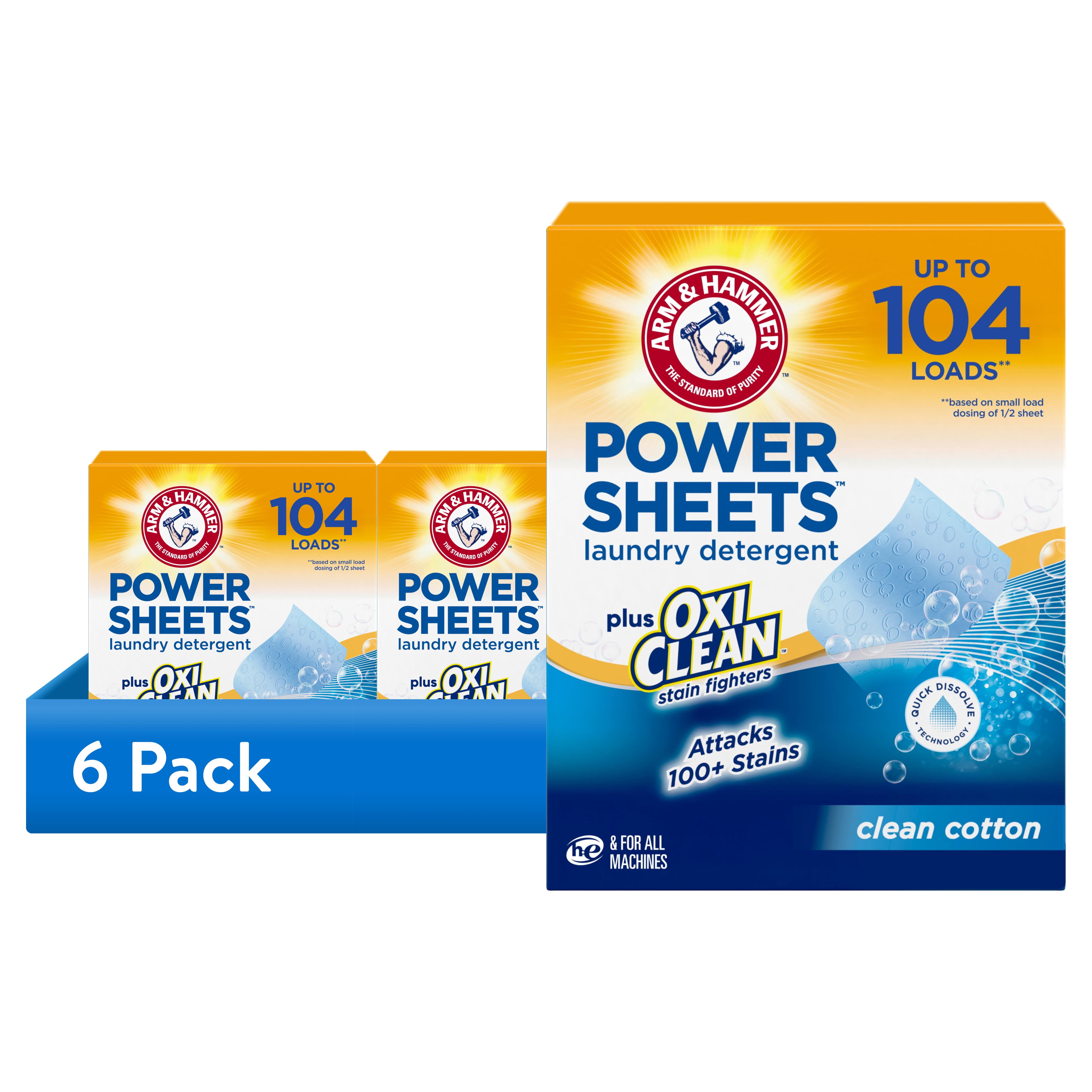 (6 pack) ARM & HAMMER Power Sheets Plus OxiClean Stain Fighters Laundry Detergent, Clean Cotton, 104 Count
