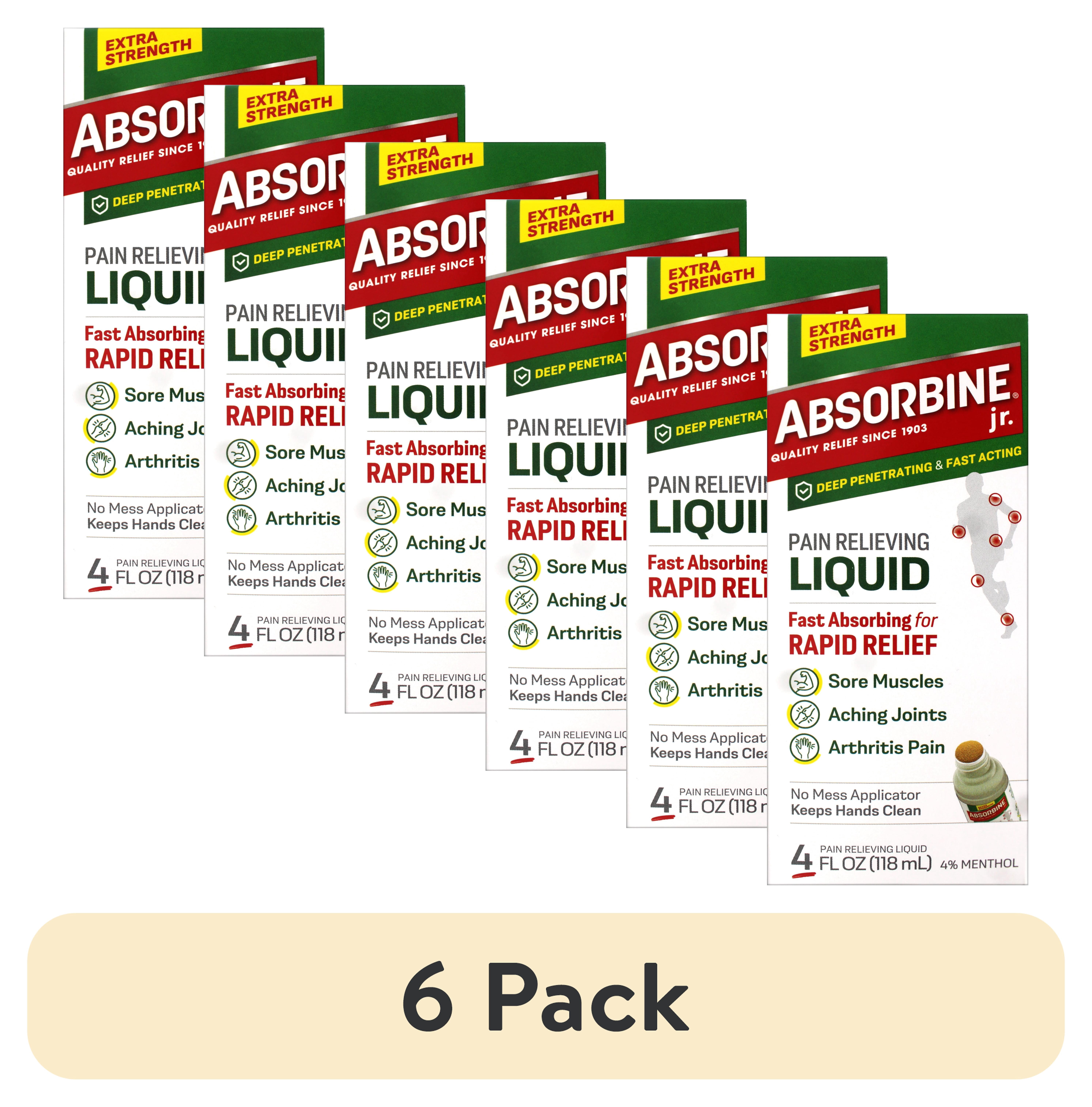 (6 pack) ABSORBINE JR. Extra Strength Pain Relieving Liquid, for Muscle, Joints, Arthritis Pain, with No-Mess Applicator, 4 Oz
