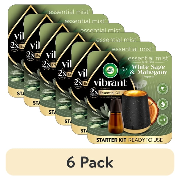 (6 pack) Air Wick Essential Mist Vibrant Scented Oil Air Freshener Diffuser Starter Kit, White Sage and Mahogany, 2 Piece