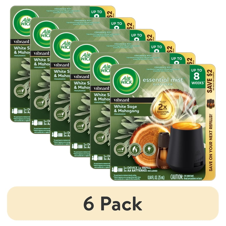 (6 pack) Air Wick Essential Mist Vibrant Scented Oil Cordless Diffuser Starter Kit, White Sage & Mahogany, 2 Piece