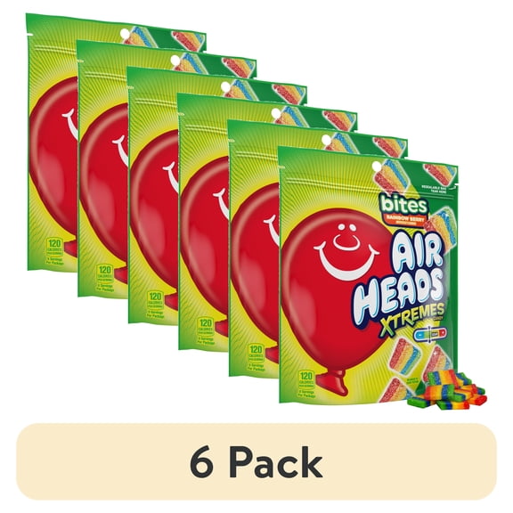 (6 pack) Airheads Xtremes Bites Peanut-Free Rainbow Berry Chewy Sour Candy, 9 oz Resealable Bag