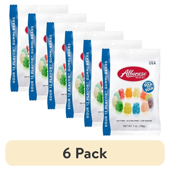 (6 pack) Albanese Fat-Free Gluten-Free Sour Assorted Flavors Gummi Bears, 7 Oz.